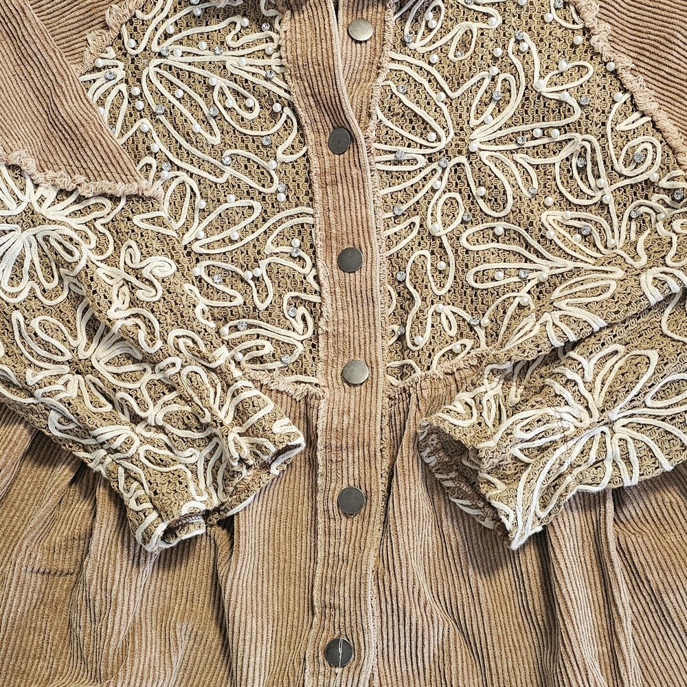 Tan Corduroy Jacket with White Lace Details